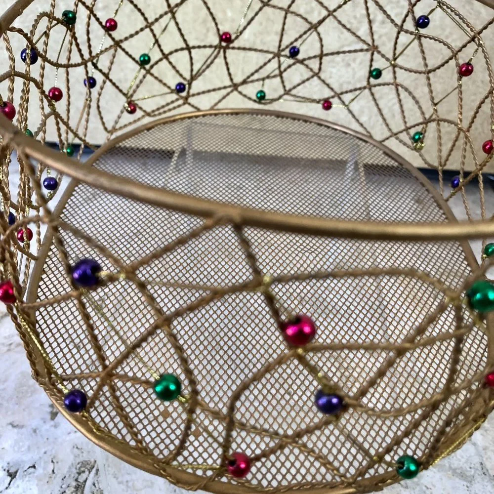 Pier 1 Gold Wired Red Green Purple Beads Tray Basket Storage Decor 11' x 9